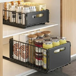 2x Drawer Organizer Pull-Out Slide Tray Cabinet Rack Shelves for Kitchen – Black