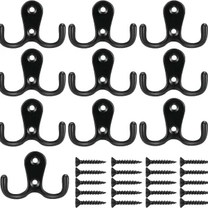10-Pack Black Coat Hooks Wall Mounted Double Hooks with Mounting Screws