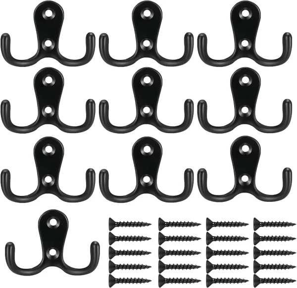 10-Pack Black Coat Hooks Wall Mounted Double Hooks with Mounting Screws
