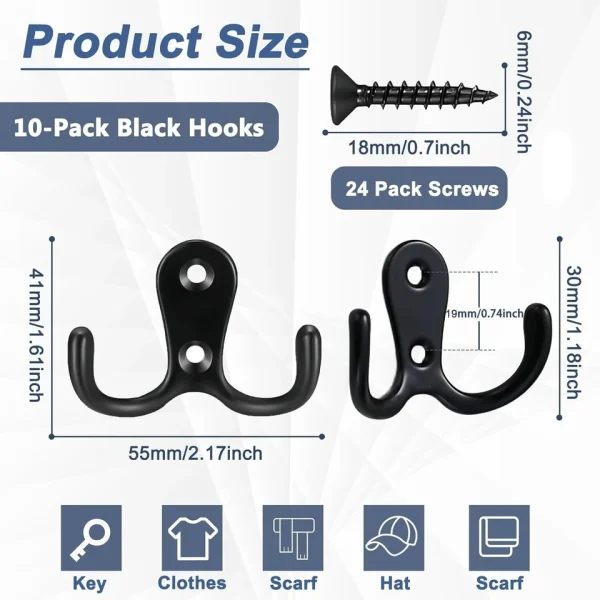 10-Pack Black Coat Hooks Wall Mounted Double Hooks with Mounting Screws - Image 6
