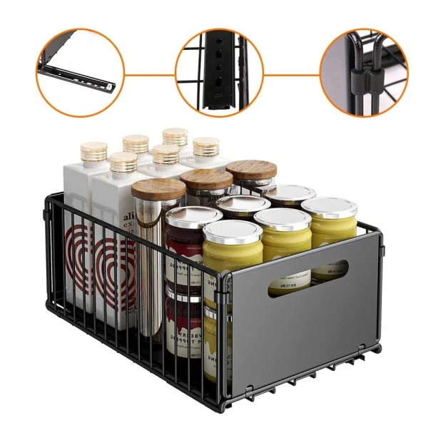 Cabinet Rack 2x Drawer Organizer Pull-Out Slide Tray Shelves for Kitchen – Black - Image 5