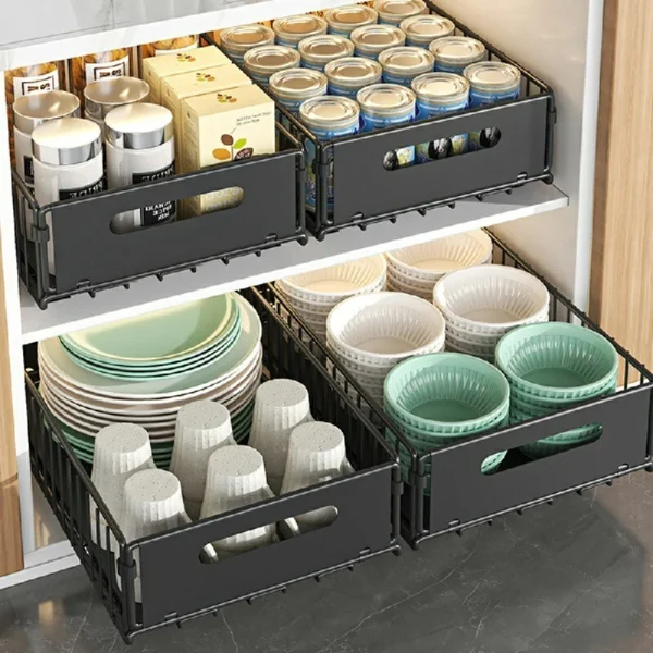 Cabinet Rack 2x Drawer Organizer Pull-Out Slide Tray Shelves for Kitchen – Black - Image 2