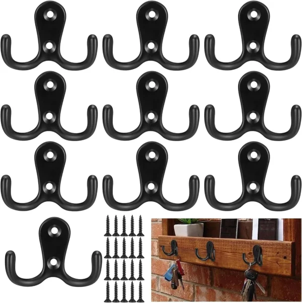 10-Pack Black Coat Hooks Wall Mounted Double Hooks with Mounting Screws - Image 5