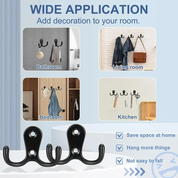 10-Pack Black Coat Hooks Wall Mounted Double Hooks with Mounting Screws - Image 7